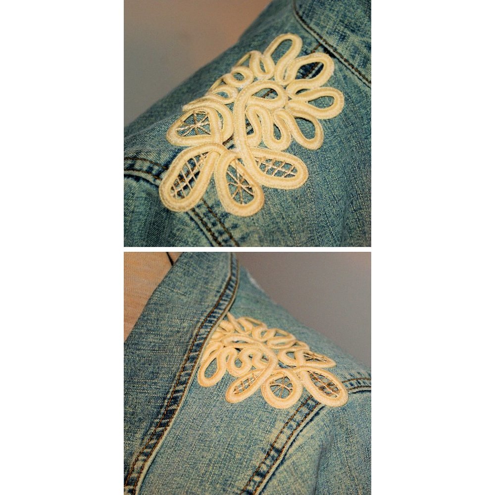 Denim Jean Jacket Upcycled Vintage Distressed Military Style - Picture 6 of 9
